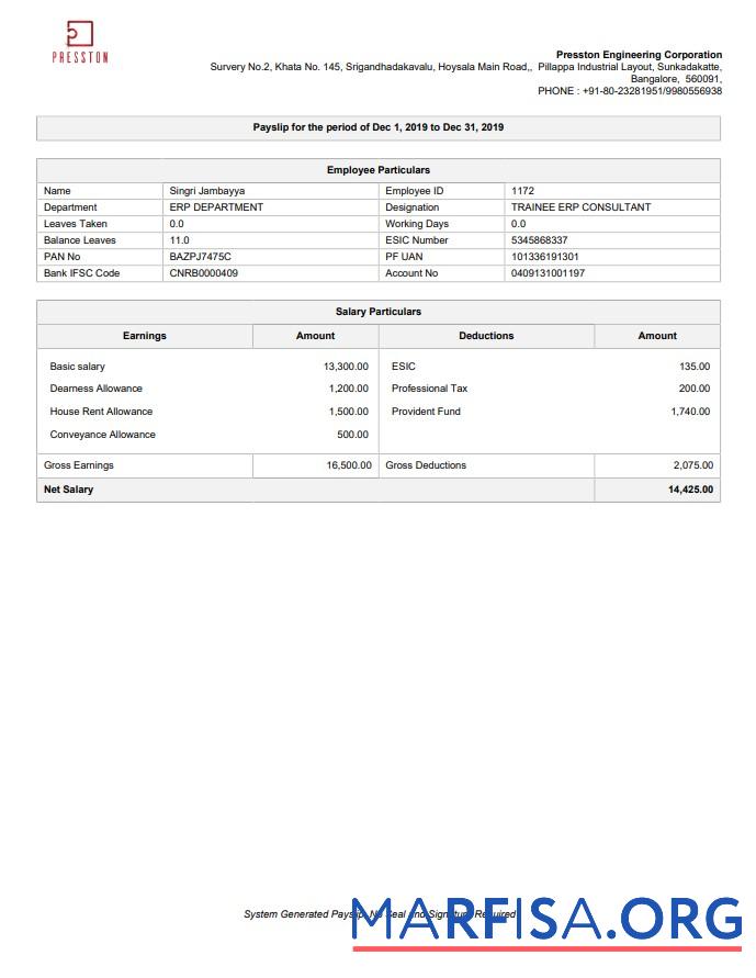 Downloadable Presston Engineering Corporation pay stub download for verification